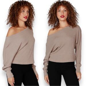 NWT Bobi Los Angeles Boatneck Dolman Long Sleeve Waffle Knit Top In Taupe Medium